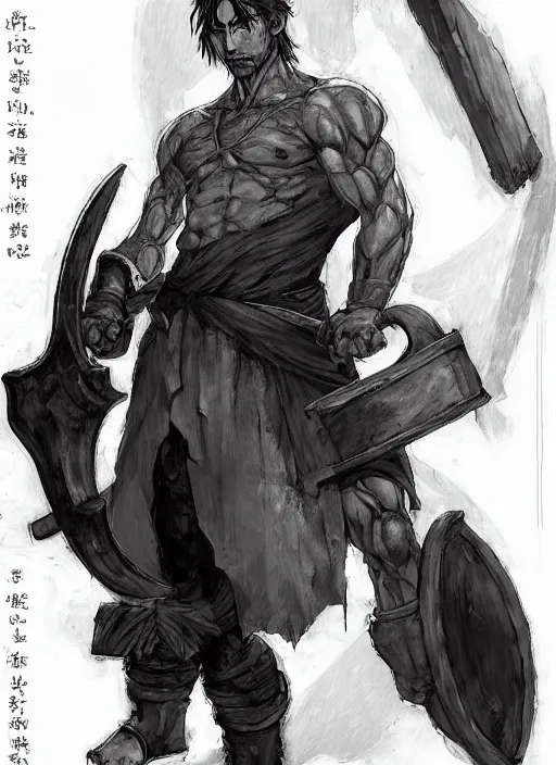 Image similar to Half body portrait of a handsome elven blacksmith, muscular body, blacksmith apron, working at the forge. In style of Yoji Shinkawa and Hyung-tae Kim, trending on ArtStation, dark fantasy, great composition, concept art, highly detailed, dynamic pose.
