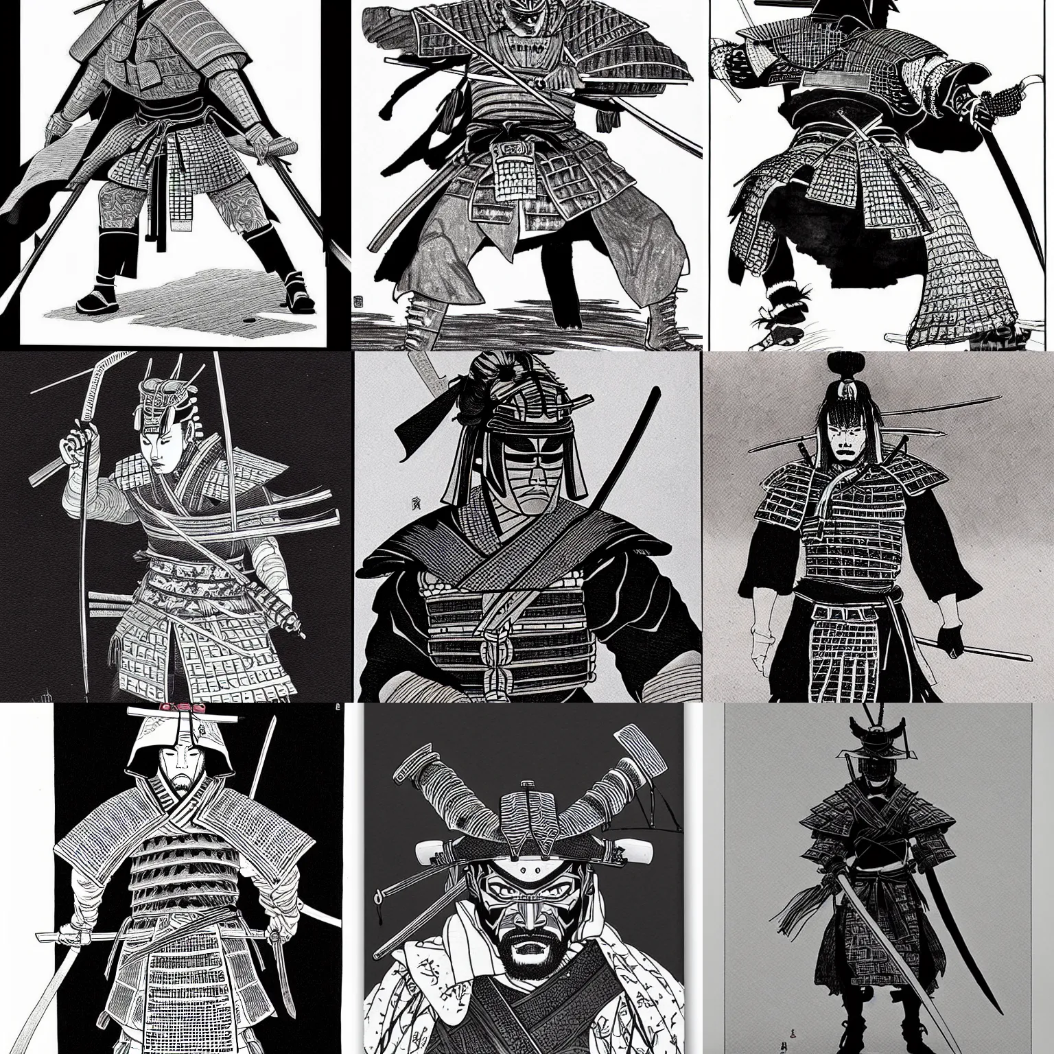 Prompt: samurai warrior, black and white ink by moebius