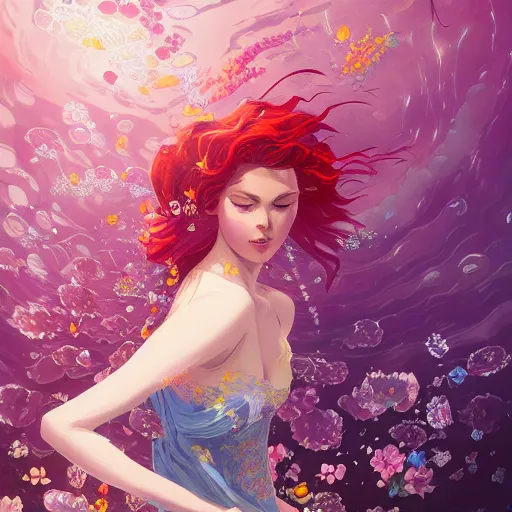 Prompt: Triss Merigold in a swirling sundress of flowers, underwater, floral explosion, radiant light, vortex of plum petals, by WLOP, Victo Ngai and artgerm, artstation, deviantart