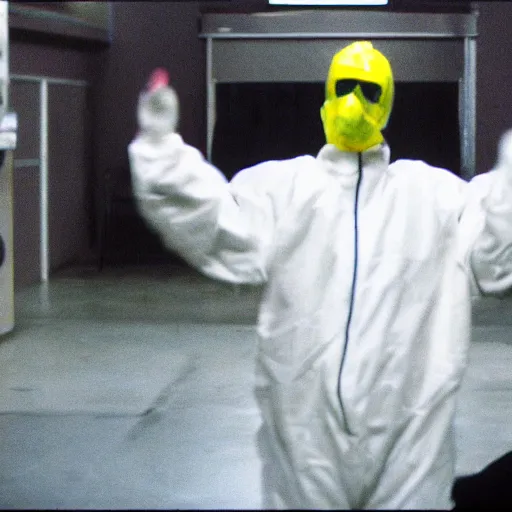 Prompt: a man wearing a hazmat suit, cheering, film still, Panavision PSR-200 35mm