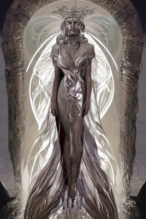 Image similar to a realistic ciematic photo of a beautiful ancient alien woman goddess kate moss shiva standing in iris van herpen dress jewelery and fractals in style of alphonse mucha art nuvo dmt trending on artstation made in unreal engine 4