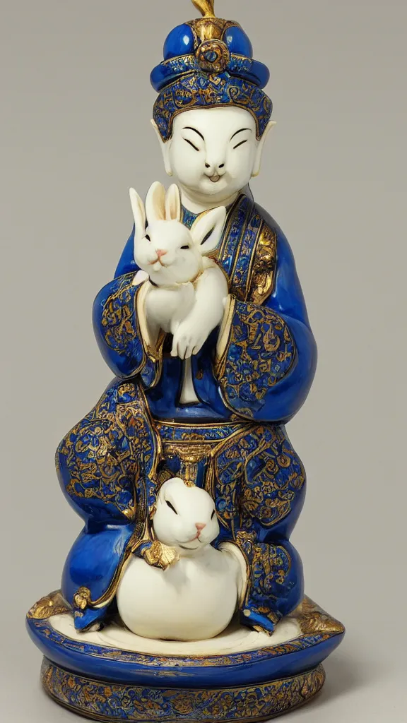 Image similar to porcelain rabbit head budda statue with blue arabesque details get a japanese kiseru in her hand painted by john singer sargent