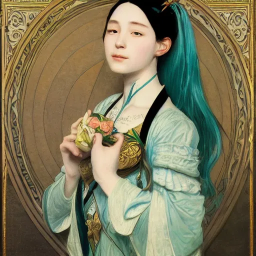 Prompt: a beautiful portrait of hatsune miku as a 1 6 th century noblewoman, fantasy, intricate, elegant, highly detailed, digital painting, artstation, concept art, matte, sharp focus, illustration, art by greg rutkowski and alphonse mucha