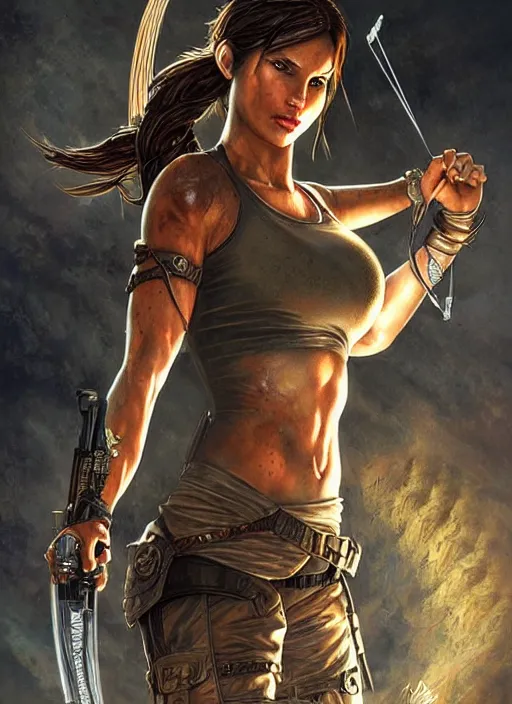 Prompt: Lara Croft as Tomb raider, intricate details, art by Artgerm and Karol Bak