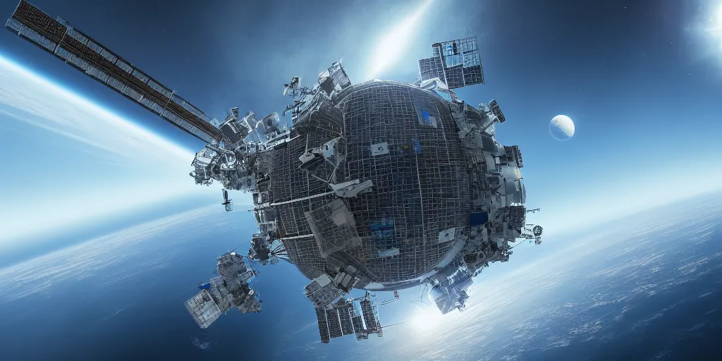 Image similar to giant space station above blue planet digital art by denis villeneuve. highly detailed 8 k. intricate. lifelike. soft light. nikon d 8 5 0.