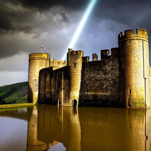 Image similar to Dover castle surrounded by floodwater, England, dramatic lighting, god rays, cinematic, epic, HDR