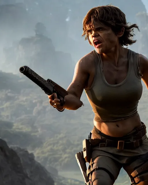 Image similar to peter dinklage as lara croft, golden hour, cinematic