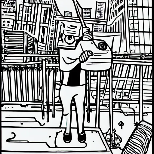 Prompt: a man carrying boltcutters. childrens coloring book, chris ware, nick drnaso, stylised graphic novel, black and white, coloring pages