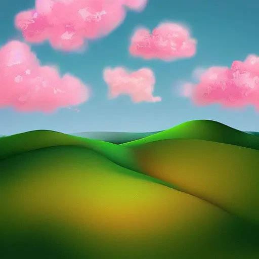 Image similar to “lush hills with fluffy pink clouds digital art”