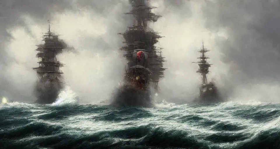 Image similar to giant enormous sailing battleship, raging sea foggy, dramatic, action scene, stormy background, shipfleet on the horizon, high detail, greg rutkowski, james gurney, gene wolfe, gustave dore, jesper ejsing, rhads, makoto shinkai, ilya kuvshinov