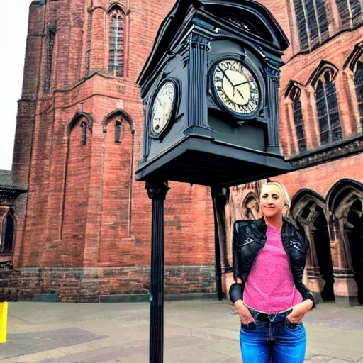 Image similar to A detailed photo of Kaley Cuoco under the Eastgate clock in Chester. Behind her we see a black panther