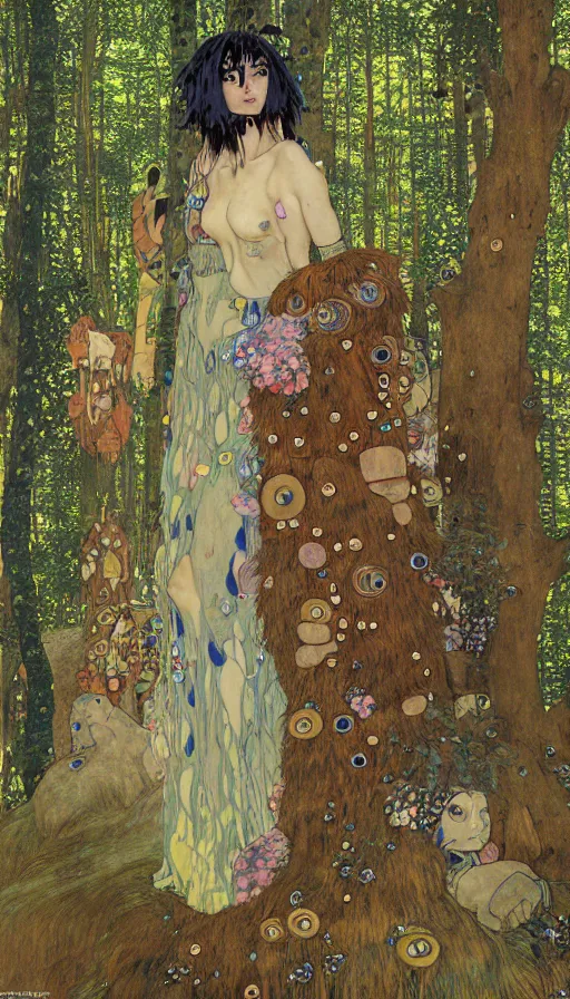 Prompt: Princess Mononoke, fully clothed in armor, lush fairy forest, neon, concept art, schematics, gnarly details painted by gustav klimt, norman rockwell, mucha, james gurney, high detail, denoised, sharp, architectural