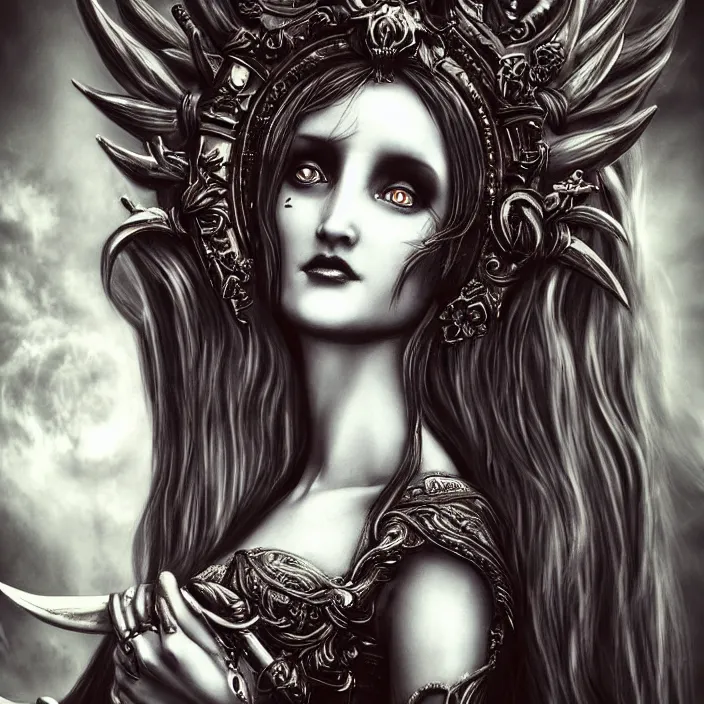 Image similar to perfectly centered portrait, close up, candid photography, goddess of death, by anne stokes, updo, highly detailed