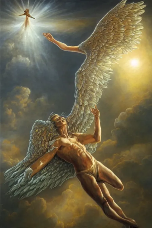 Prompt: icarus burning, his wings on fire as he flies too close to the sun. art by tomasz alen kopera.