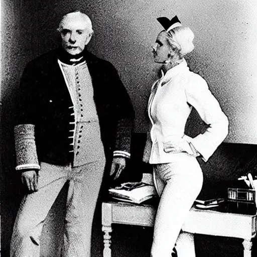 Image similar to Platinum-blonde-haired hime-cut blue-eyed French empress wearing white leggings, black jacket, boots, sitting in office, Bolshevik officer standing next to her, talking