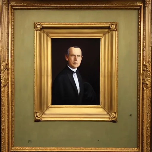 Image similar to president dnd tiefling, tiefling presidential portrait, oval office painting. official portrait, painting by gibbs - coolidge. oil on canvas, wet - on - wet technique, underpainting, grisaille, realistic. restored face.