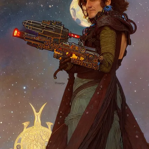 Image similar to space bounty hunter noel fielding, fantasy, d & d, intricate, detailed, by by alphonse mucha, adolfo hohenstein, alice russell glenny, stanley artgerm lau, greg rutkowski, detailed, trending on artstation, trending on artstation, smooth