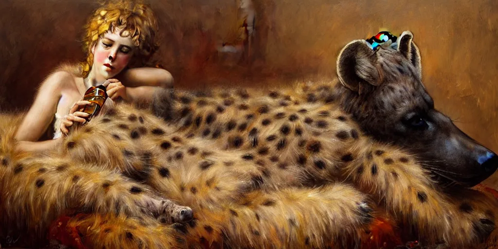 Image similar to an exhausted hyena girl in her studio with a bottle of whisky, fluffy, furry pelt, furry body. highly detailed painting by gaston bussiere, craig mullins, j. c. leyendecker 8 k