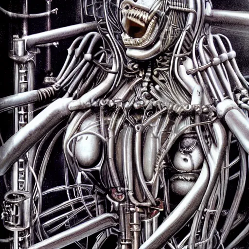 Image similar to britney spears encased in biomechanical machine, heavy conduits, complex scene, rich composition, heavy in detail, evil, corruption, decay, grime, sharp focus, airbrush, illustration, symmetrical, portrait, art by h. r. giger