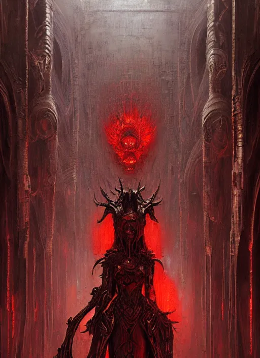 Image similar to masterpiece, infernal lady concept art, stylized, doom, elegant, imperial, epic, intricate art by h. r. giger, greg rutkowski, josan gonzalez, zdizslaw beksinski, biomechanical, crimson darkness, hellscape