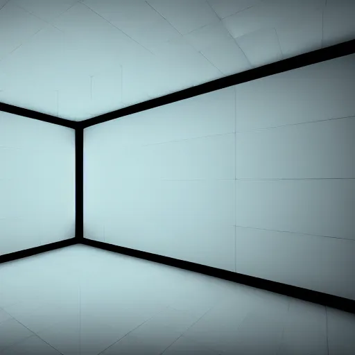 Image similar to inside of blank dark without light endless cube with black walls and white neon contours. Realistic Concept Art