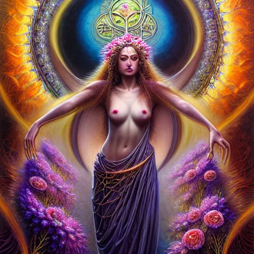 Prompt: A beautiful detailed orixa, tarot card, by tomasz alen kopera and Justin Gerard and a bouquet of ethereal big colorful transparent entangled flowers on the background, direct sunlight, glowing, vivid, detailed painting, Houdini algorhitmic pattern, by Ross Tran, WLOP, artgerm and James Jean, masterpiece, award winning painting