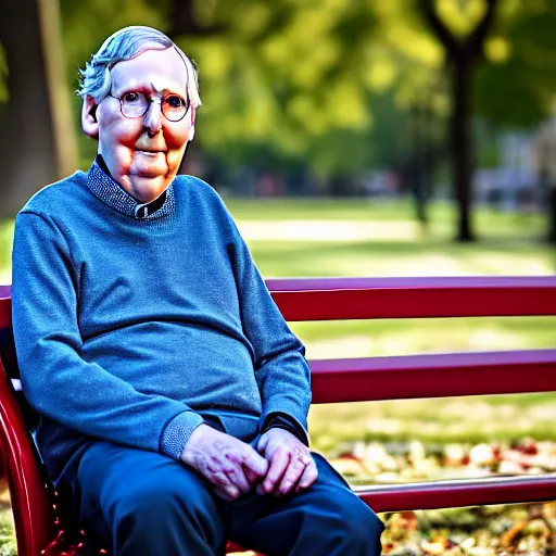 Image similar to photograph portrait of Mitch McConnell sitting on a park bench, sigma 85mm f/1.4, 4k, depth of field, high resolution, 4k, 8k, hd, full color