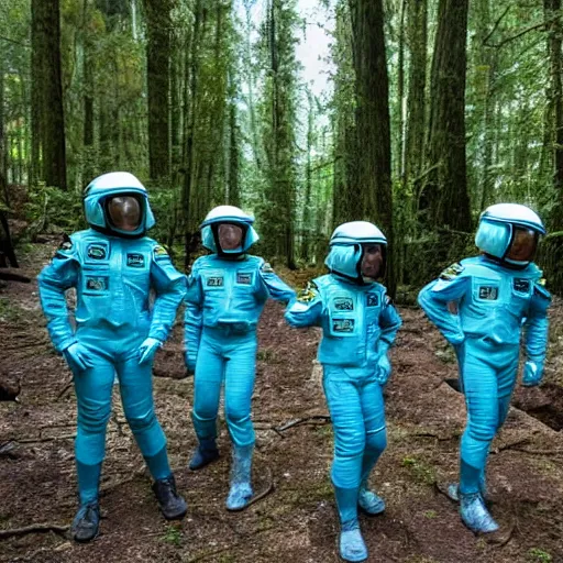 Image similar to a squad of space scouts wearing cyan camo uniforms with white armor and helmets exploring a forest planet