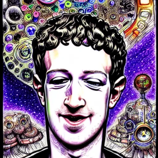 Image similar to the inner self of mark zuckerberg, clockwork engine, psychedelic, lsd, spiritual, mystical, epic beautifully detailed pen, ink and copic markers drawing by milo manara