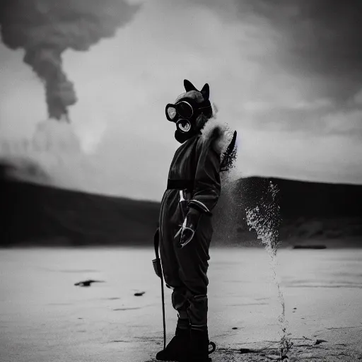 Prompt: a wolf with white suit, she wear gasmask, in volcano, standing close to volcano, fire raining, professional photography, black and white, cinematic, eerie