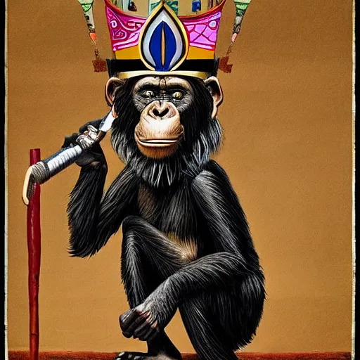 Image similar to A body art that features a chimpanzee surrounded by a castle turret. The chimp is shown wearing a crown and holding a scepter, and the castle is adorned with banners. ancient egyptian papyrus, Sumerian by Jesper Ejsing, by Warren Ellis, by John Harris ghostly