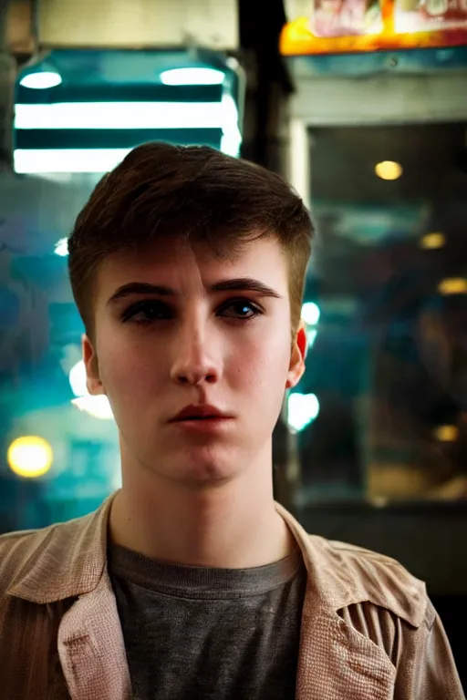 Image similar to an ultra high definition telephoto portrait cyberpunk 7 0 s diner film set photograph of a young man with short messy brown hair triangle head puffy cheeks narrow chin high cheek bones confused expression. wide angle close up. three point lighting. volumetric. refraction. imagined detail. soft focus ambient light sources. haze, light glare, art directed. filmic.