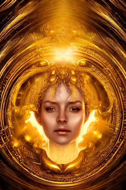 Prompt: Hyper realistic portrait of a goddess floating in the middle of ancient sky, gold fluid simulation around her, Cinematic lighting, ultra super good realistic photography, symmetry, very intricate details, insanely detailed, trending on artstation, 8k