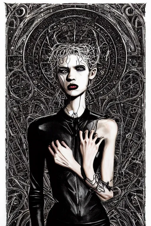 Image similar to dreamy gothic girl, black leather slim clothes, impressive and unprincipled, wonderful slim body, detailed acrylic, grunge, intricate complexity, by dan mumford and by alberto giacometti, peter lindbergh