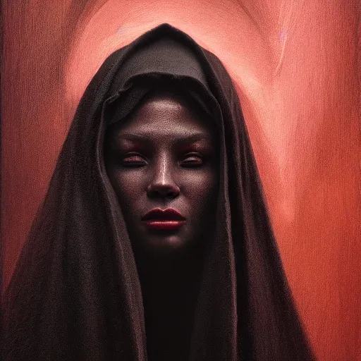 Image similar to a portrait of a young black woman wearing a long dark cloak, hood and shadows covering face, anatomically correct, beautiful perfect face, enigmatic, oil painting, matte painting, black background, Volumetric dynamic lighting, Highly Detailed, Cinematic Lighting, Unreal Engine, 8k, HD, by Beksinski