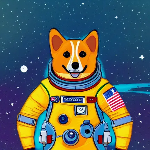 Prompt: highly detailed digital illustration of a heroic corgi cosmonaut, starry sky, dynamic, colorful, sci - fi, cyberpunk, blue