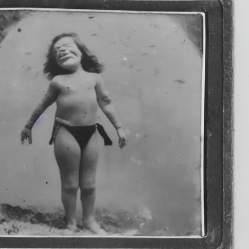 Image similar to tintype photo, swimming deep underwater, kid with huge clown