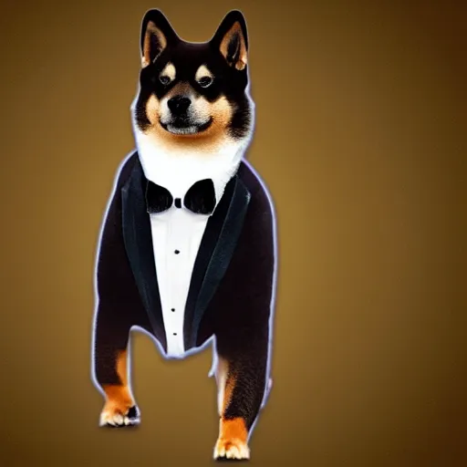 Image similar to Black and tan Shiba Inu in a tuxedo as a secret agent, 4k, digital art, high detail