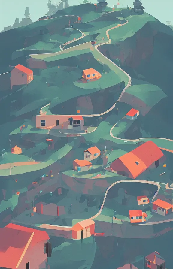 Image similar to house and roads on a mountain, sharp focus, james gilleard, print, game art