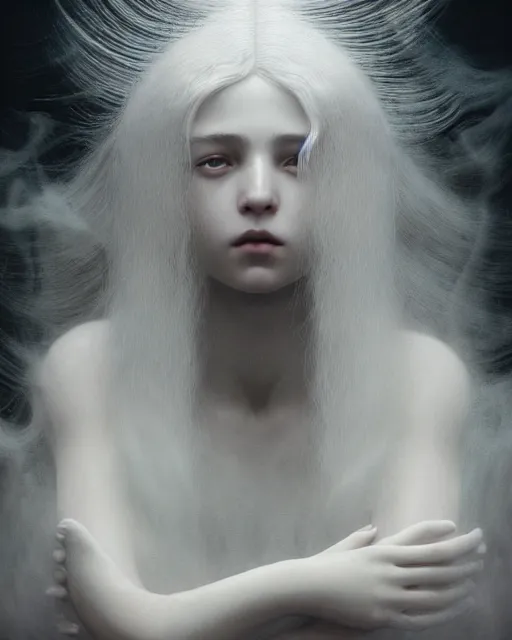 Image similar to monochrome, dreamy, subsurface scattering, white, young beautiful goddess in cosmos with very long white hair floating in air, fluid smoke art, octane render, dino valls, mark ryden, joe fenton, michal karcz, highly detailed, rim light, art, cinematic lighting, very coherent, hyper realism, 8 k