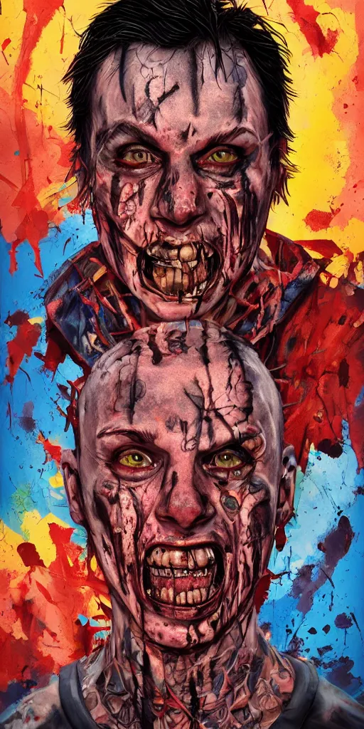 Image similar to Bright, colorful, realistic Serial killer rpg single individual headshot gore covered with scars and tattoos screaming, backlighting, kodachrome, high contrast, highly detailed, sharp focus, digital painting, concept art, illustration, trending on artstation, comic book by Alex Ross cover art