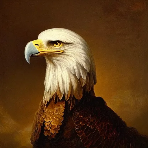 Prompt: anthropomorphic eagle proudly posing for a portrait, painted by rembrandt intricate ultra detailed painting atmospheric lighting golden hour