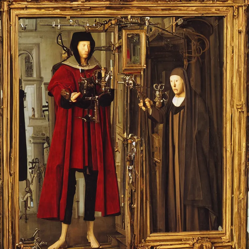 Image similar to van eyck oil painting of a medieval cyborg looking its reflection on a big mirror, mechanism visible symmetric defined ultra hd