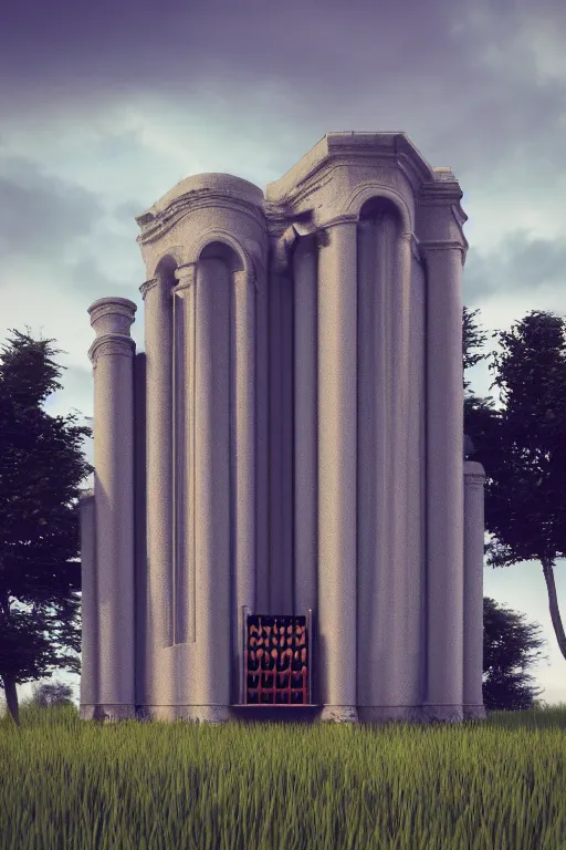 Image similar to a detailed render of an isolated lonely large pipe organ, in the middle of a field, supported by a lone stone column, trending on artstation, render, 3 d, octane, 4 k, 8 k, unreal engine, cinema 4 d, baroque, art deco