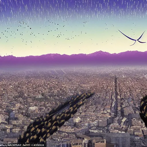 Prompt: thousands of bird trajectory trails in the sky of santiago of chile, purple dawn seen from a metro station, matte painting by esao andrews and akira kurosawa