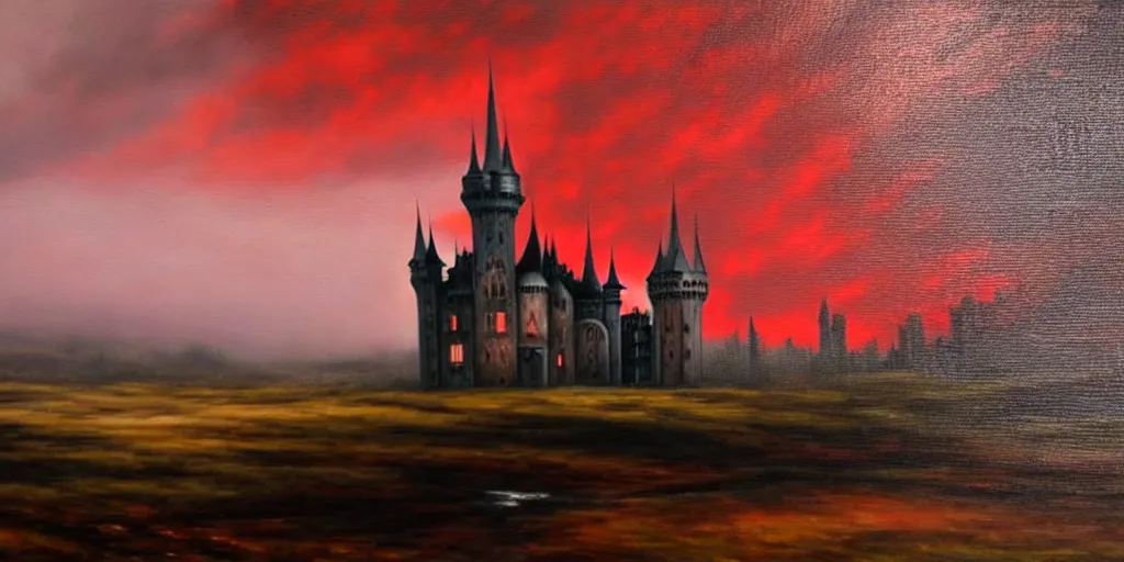 Image similar to a beautiful and gothic castle in the distance. Red sky. Dark ambient. Gothicpunk. Detailed oil on canvas. Art in style of Frances Ann Hopkins. High definition