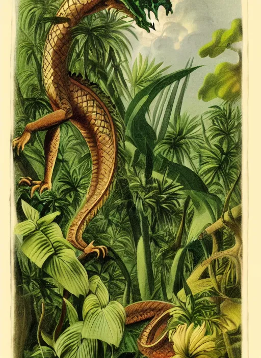 Image similar to vintage dragon in a tropical forest, john james audubon