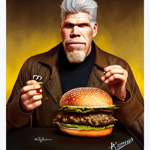 Prompt: portrait of Ron Perlman eating a giant hamburger , extra onions and ketchup, luscious patty with sesame seeds, feminine ethereal, handsome, D&D, fantasy, intricate, elegant, highly detailed, digital painting, artstation, concept art, matte, sharp focus, illustration, art by Artgerm and Greg Rutkowski and Alphonse Mucha