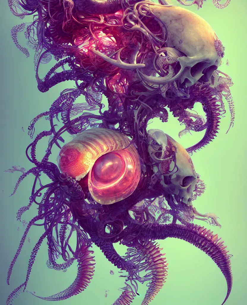 Image similar to goddess close-up portrait ram skull, thorax, x-ray, backbone, jellyfish phoenix head, nautilus, orchid, skull, betta fish, bioluminiscent creatures, intricate artwork by Tooth Wu and wlop and beeple. octane render, trending on artstation, greg rutkowski very coherent symmetrical artwork. cinematic, hyper realism, high detail, octane render, 8k