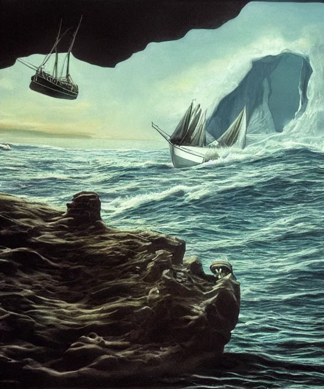 Image similar to photorealistic painting of a 1 9 2 5 seiner sailing near a tropical skull - shaped cliff with the mouth of a sea cave at the waterline, dark, brooding, atmospheric, lovecraft, horror, smooth, epic, highly detailed, cinematic, by larry elmore